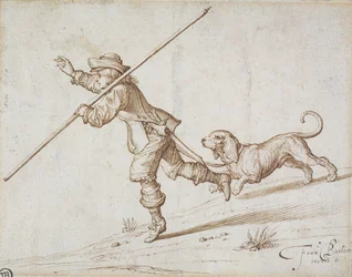 Mann jagt mit einem spitzen Stab und einem Hund (Feder und braune Tinte auf Papier)